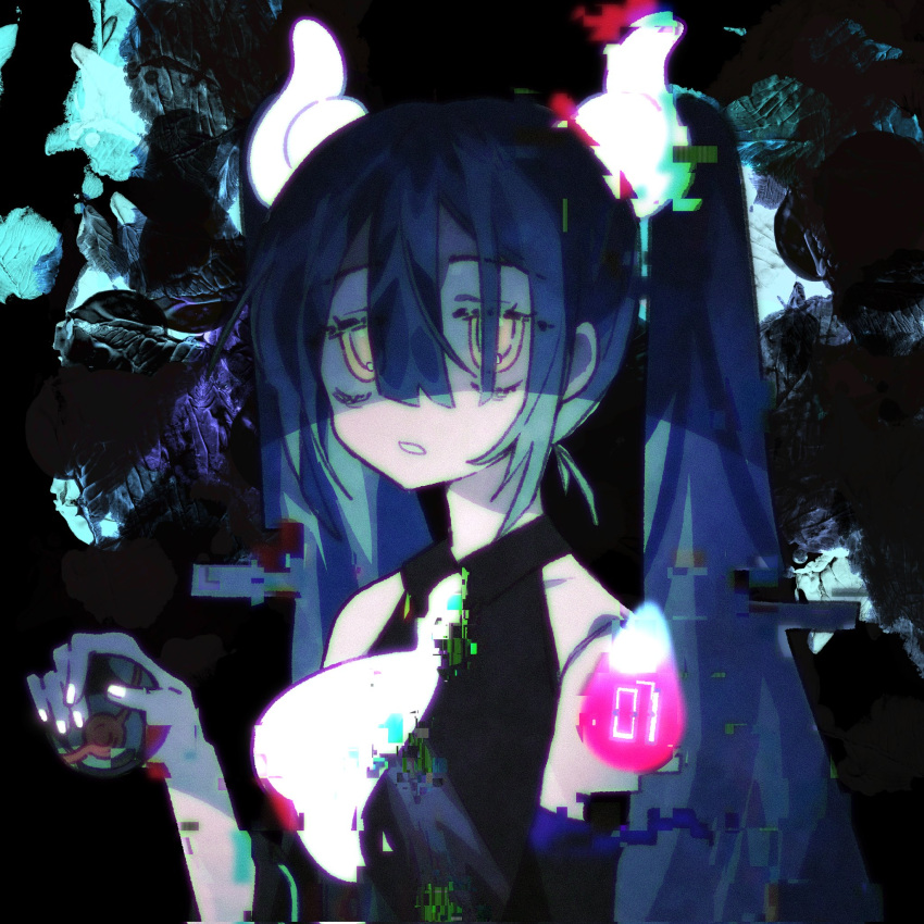1girl bare_shoulders black_shirt blue_hair commentary_request dark_background detached_arm dusk_ball ghost_miku_(project_voltage) glitch glowing hair_between_eyes hand_up hatsune_miku highres holding holding_poke_ball long_hair looking_at_viewer necktie open_mouth pale_skin poke_ball pokemon project_voltage shirt sleeveless sleeveless_shirt solo twintails upper_body vocaloid white_necktie will-o'-the-wisp_(mythology) yellow_eyes zer0h