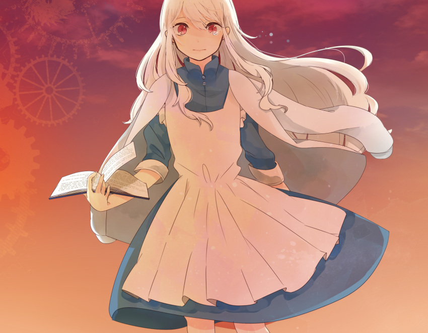 1girl arm_behind_back blue_dress book buttons closed_mouth clouds collared_dress commentary_request dress dusk false_smile feet_out_of_frame floating_hair flying_teardrops gears gradient_sky highres holding holding_book jacket jacket_on_shoulders kagerou_project kozakura_marry long_hair looking_at_viewer mandarin_collar multicolored_sky open_book orange_sky outdoors purple_sky red_eyes redhead sky sleeves_past_elbows smile solo tearing_up tears toki_(fujikitoki) wavy_hair white_hair white_jacket wind