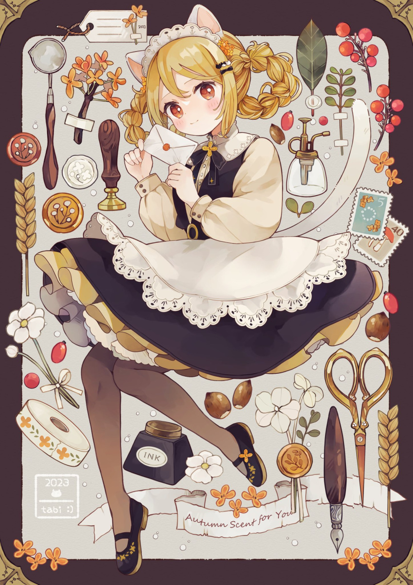 1girl acorn animal_ears apron artist_name autumn black_dress black_footwear blonde_hair braid branch brown_eyes brown_pantyhose buttons capelet cat_ears cat_girl cat_tail commentary dress english_text envelope flower framed frilled_apron frilled_dress frilled_hairband frills from_side full_body grey_background hair_flower hair_ornament hair_rings hairband hairclip highres holding holding_envelope inkwell knees_together_feet_apart layered_dress leaf long_sleeves looking_at_viewer maid mary_janes original outside_border pantyhose postage_stamp puffy_long_sleeves puffy_sleeves quill scissors shirt shoes short_hair slit_pupils smile solo tabi_0v0 tail tape twin_braids waist_apron wax_seal wax_stamp white_apron white_capelet white_flower yellow_shirt