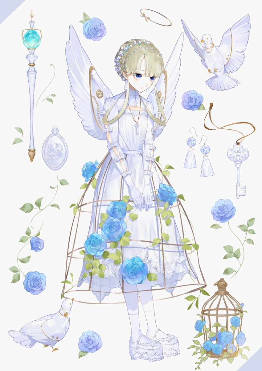 1girl angel angel_wings bird birdcage blonde_hair blue_eyes blue_flower blue_rose bow braid braided_bun cage closed_mouth clothing_cutout commentary crinoline dove dress earrings flower full_body gloved_sleeves gloves hair_bun hair_flower hair_ornament halo highres jewelry kao_o0 key_necklace mary_janes medium_dress necklace original pantyhose parted_bangs platform_footwear rose shoes sidelocks sidelocks_tied_back simple_background solo standing symbol-only_commentary tassel tassel_earrings upturned_eyes v_arms wand white_background white_bow white_dress white_flower white_footwear white_gloves white_pantyhose white_wings wings