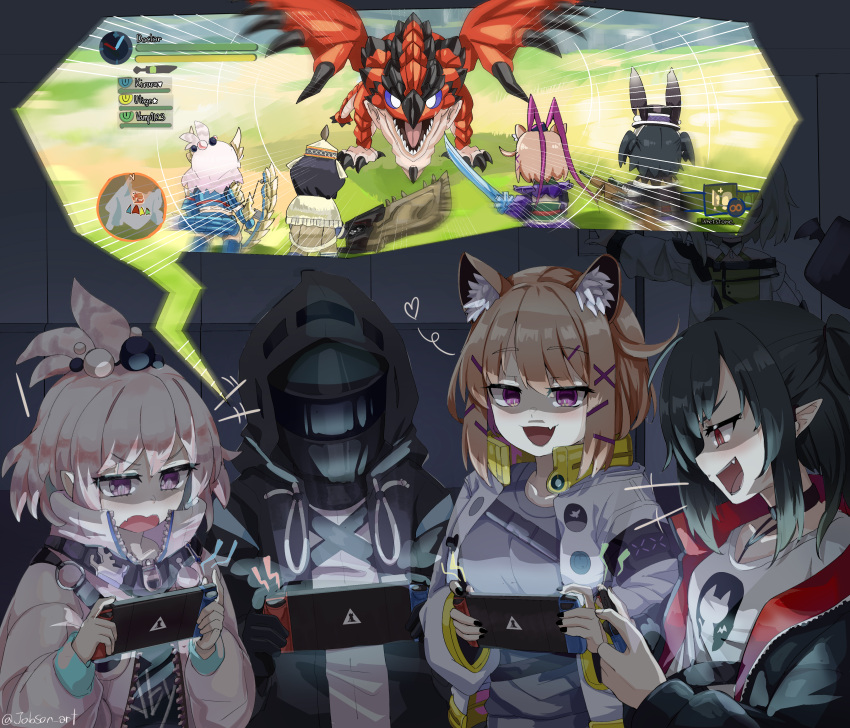 1other 4girls absurdres animal_ear_fluff animal_ears arknights battle black_hair black_jacket black_nails brown_hair cat_ears closure_(arknights) commentary doctor_(arknights) dragon fang handheld_game_console heart heart-shaped_pupils highres holding holding_handheld_game_console indoors jacket kal'tsit_(arknights) kirara_(arknights) monster_hunter_(series) multiple_girls nintendo_switch open_mouth pink_jacket playing_games pointy_ears rathalos red_eyes rhodes_island_logo short_hair skin_fang sleepyowl_(jobkung15) symbol-shaped_pupils utage_(arknights) violet_eyes