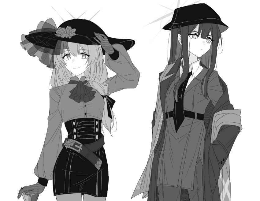 2girls alternate_costume alternate_hairstyle arikalovesyou2 ascot atsuko_(blue_archive) belt blue_archive bucket_hat buttons cane closed_mouth coat collared_shirt cross-shaped_pupils double-breasted fishnet_gloves fishnets gloves grey_background greyscale halo hat high-waist_skirt highres jacket jewelry long_sleeves looking_at_viewer monochrome multiple_girls necktie overcoat pants pantyhose ring saori_(blue_archive) shirt simple_background skirt smile standing symbol-shaped_pupils