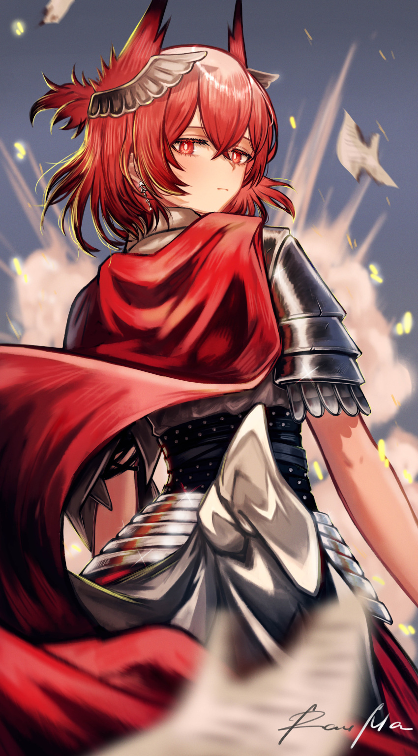 1girl absurdres animal_ears arknights armor bird_ears breastplate bright_pupils cape cowboy_shot crossed_bangs dust_cloud earrings explosion fiammetta_(arknights) from_behind hair_between_eyes highres jewelry knight looking_back rau_ma_(the_rauma001) red_cape red_eyes redhead short_hair signature solo white_pupils