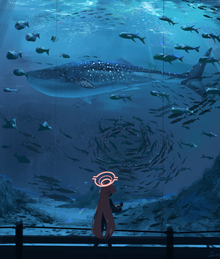 12cat 1girl absurdres ahoge aquarium blue_archive fish fish_tank from_behind halo hand_on_glass highres hoshino_(blue_archive) long_hair long_sleeves pink_hair pink_halo school_of_fish solo standing very_long_hair whale_shark