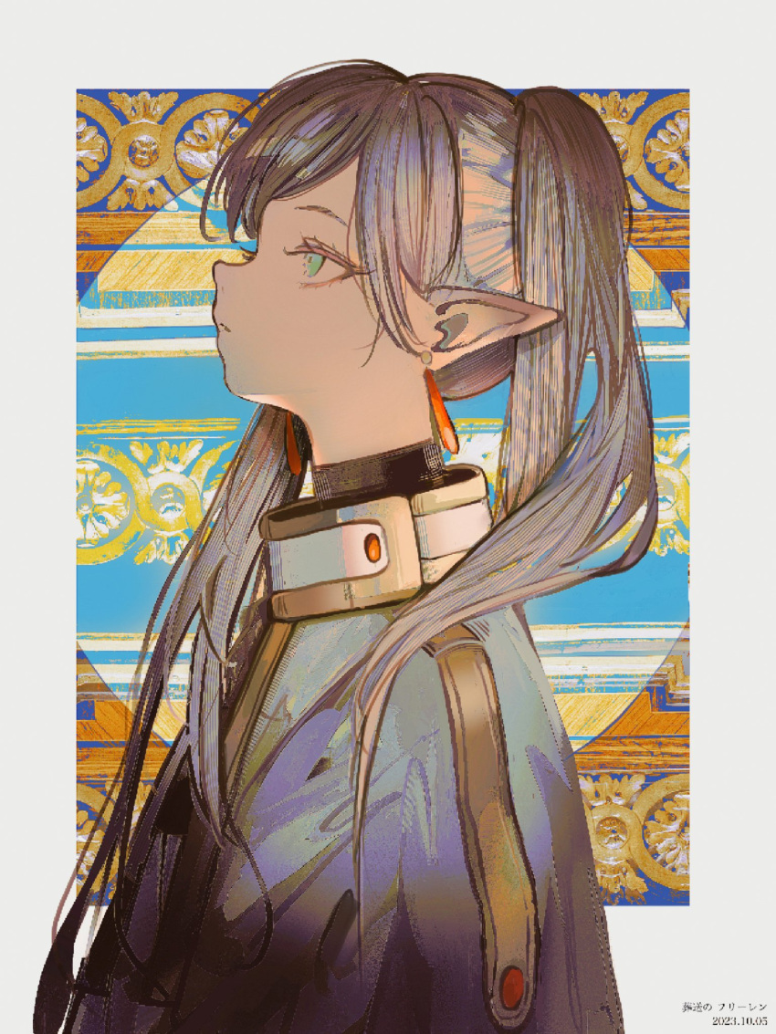 1girl border capelet closed_mouth copyright_name dated earrings elf frieren green_eyes grey_border highres jewelry john_kafka long_hair outside_border pointy_ears profile solo sousou_no_frieren twintails upper_body white_capelet