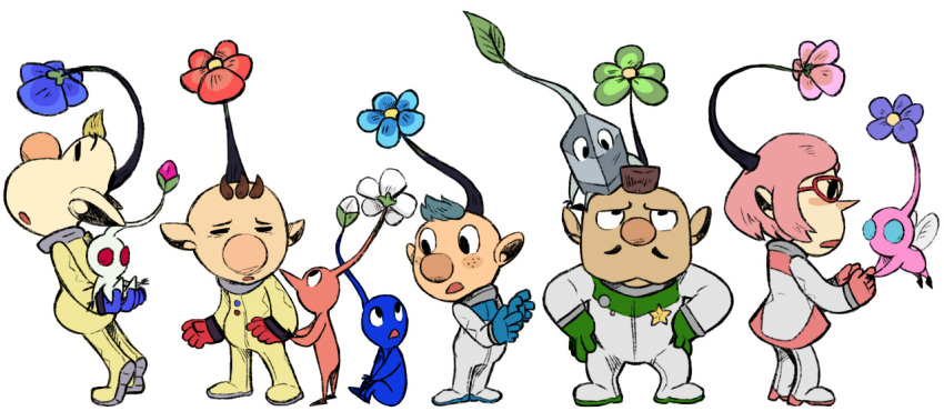 1girl 4boys alien alph_(pikmin) arms_behind_back badge big_nose black_eyes black_skin blonde_hair blue_eyes blue_flower blue_gloves blue_hair blue_pikmin blue_skin blush_stickers brittany_(pikmin) brown_hair bud buttons charlie_(pikmin) closed_mouth colored_skin commentary creature english_commentary flower flying freckles frown glasses gloves green_flower hand_on_another's_hand hands_on_own_hips holding holding_creature insect_wings leaf looking_at_object looking_at_viewer looking_up louie_(pikmin) miniskirt mohawk multiple_boys muscular no_mouth olimar olimin open_mouth pikmin_(creature) pikmin_(series) pink_flower pink_gloves pink_hair pink_skin pink_skirt pointy_ears pointy_nose purple_flower red-framed_eyewear red_eyes red_flower red_gloves red_pikmin red_skin rock rock_pikmin short_hair sitting sitting_on_head sitting_on_person skirt solid_circle_eyes solid_oval_eyes spacesuit star_(symbol) tan triangle_mouth urfbownd very_short_hair white_background white_flower white_pikmin white_skin winged_pikmin wings
