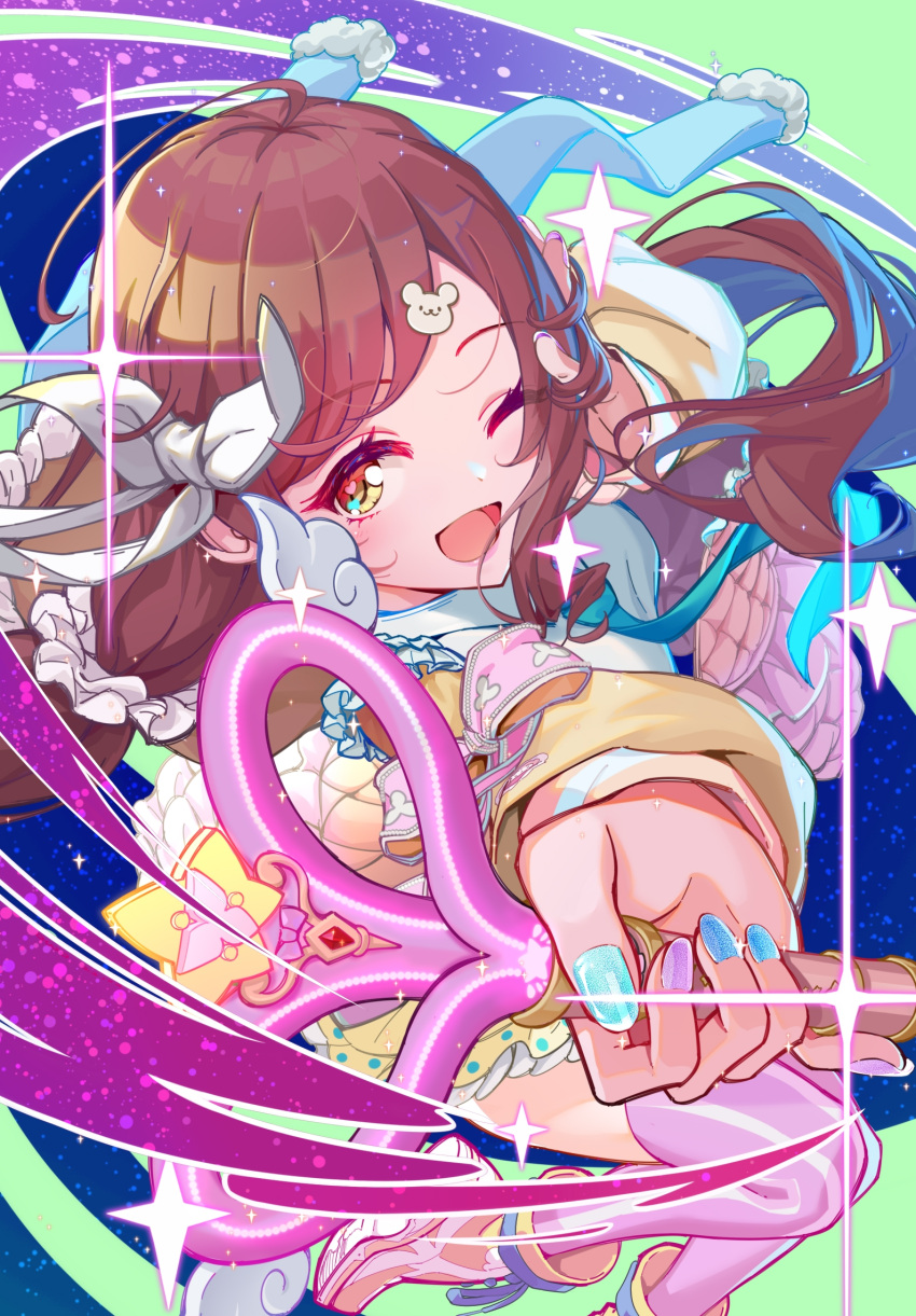 1girl bear_hair_ornament blue_necktie blush boots dress hair_ornament hair_ribbon hair_scrunchie highres idolmaster idolmaster_shiny_colors khorosho long_hair long_sleeves looking_at_viewer low_twintails magical_girl multicolored_nails nail_polish necktie official_alternate_costume official_alternate_hairstyle one_eye_closed open_mouth osaki_amana pink_thighhighs redhead ribbon scarf scrunchie smile solo swept_bangs thigh-highs twintails wand yellow_dress yellow_eyes