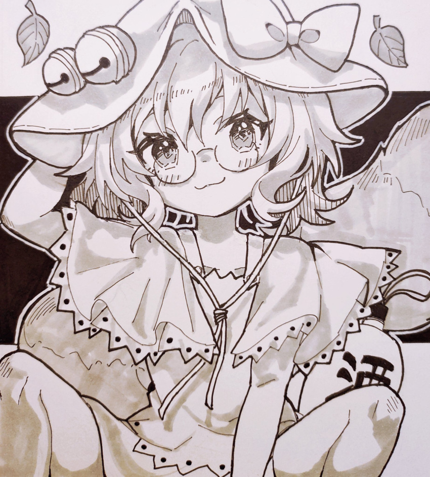 1girl :3 bow capelet closed_mouth commentary enokishima futatsuiwa_mamizou glasses gourd greyscale hat hat_bell hat_bow highres leaf looking_at_viewer monochrome raccoon_tail semi-rimless_eyewear short_hair solo symbol-only_commentary tail touhou under-rim_eyewear