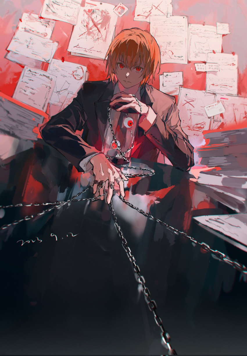 1boy black_jacket black_necktie black_suit blonde_hair chain closed_mouth collared_shirt formal hand_up highres hunter_x_hunter jacket jewelry kurapika long_sleeves looking_at_viewer male_focus mei_ren necktie paper paper_stack red_background red_eyes ring shirt short_hair solo suit upper_body white_shirt