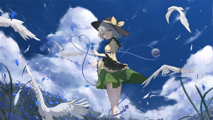 1girl bird black_headwear blue_flower blue_sky bow chinese_commentary closed_mouth clouds commentary_request flower green_eyes green_skirt gu0st hat hat_bow heart heart_of_string holding holding_flower komeiji_koishi light_green_hair long_sleeves looking_at_viewer outdoors shirt short_hair skirt sky standing third_eye touhou wide_sleeves yellow_bow yellow_shirt