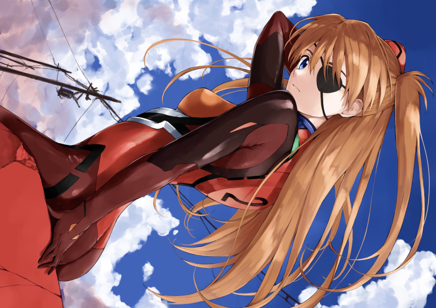 1girl arm_at_side arm_support arm_up blue_eyes blue_sky breasts closed_mouth clouds commentary cowboy_shot day dutch_angle evangelion:_3.0_you_can_(not)_redo expressionless eyebrows_hidden_by_hair eyelashes eyepatch floating_hair from_side hair_between_eyes highres long_hair looking_at_viewer neon_genesis_evangelion nose one_eye_covered orange_hair outdoors plugsuit rebuild_of_evangelion sitting sky small_breasts solo souryuu_asuka_langley straight_hair two_side_up very_long_hair yanagi_marie