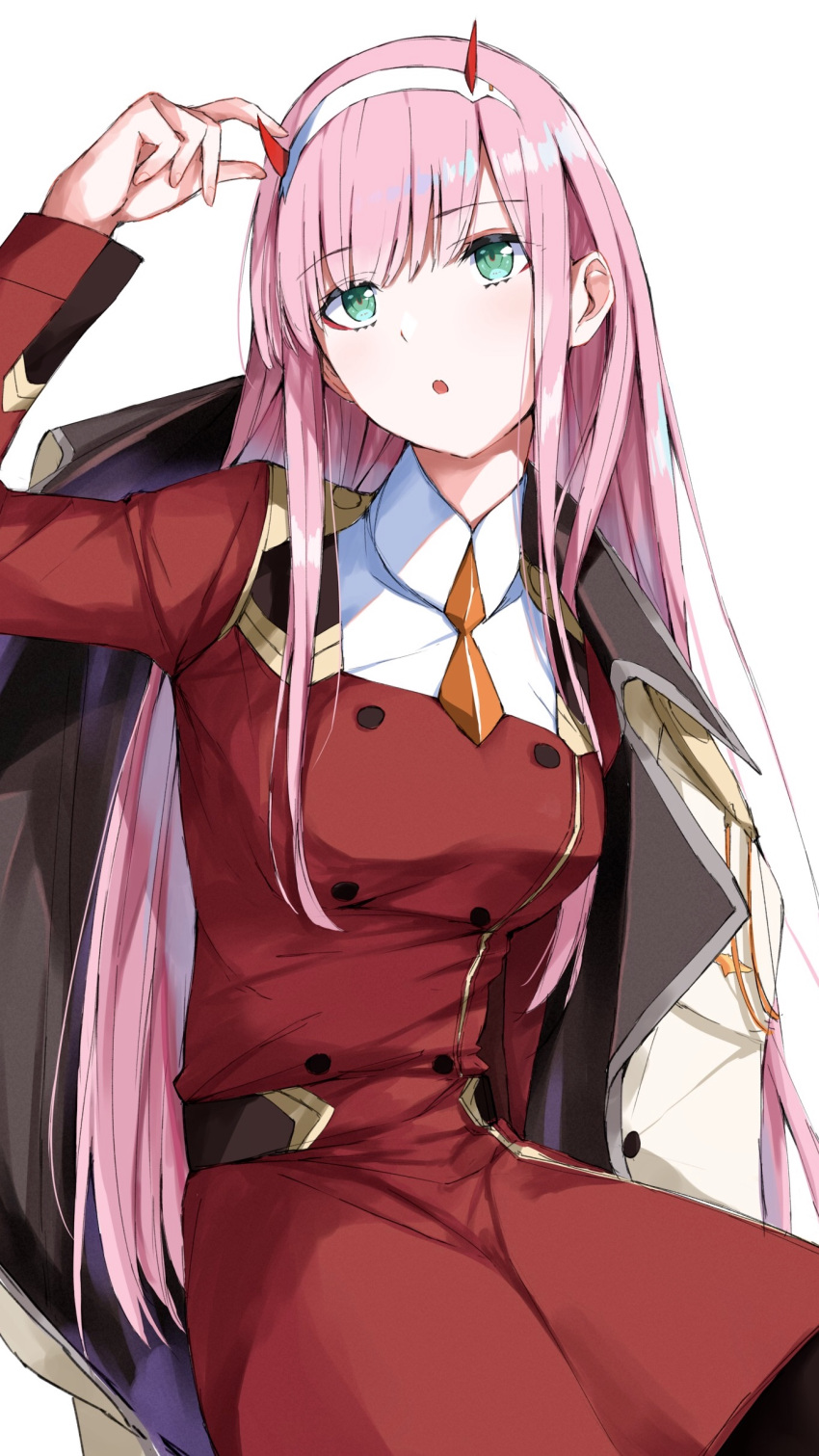 1girl :o absurdres arm_up belt black_belt blunt_bangs breasts coat commentary cowboy_shot darling_in_the_franxx eyelashes eyes_visible_through_hair fingernails green_eyes head_tilt highres horns large_breasts light_blush long_hair long_sleeves looking_up open_mouth pink_hair red_coat shirt sidelocks simple_background sitting solo straight_hair upturned_eyes very_long_hair white_background white_shirt yanagi_marie zero_two_(darling_in_the_franxx)