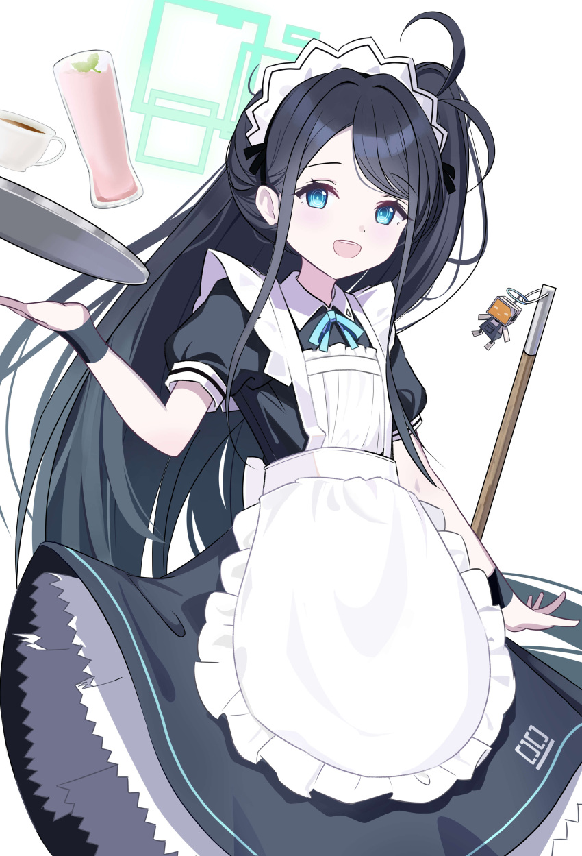 1girl absurdres apron aris_(blue_archive) aris_(maid)_(blue_archive) black_dress black_hair black_wristband blue_archive blue_eyes blue_ribbon commentary dress green_halo halo highres holding holding_plate long_hair looking_at_viewer maid maid_apron maid_headdress neck_ribbon official_alternate_costume open_mouth plate ponytail puffy_short_sleeves puffy_sleeves ribbon short_sleeves smile solo standing very_long_hair wasi white_apron