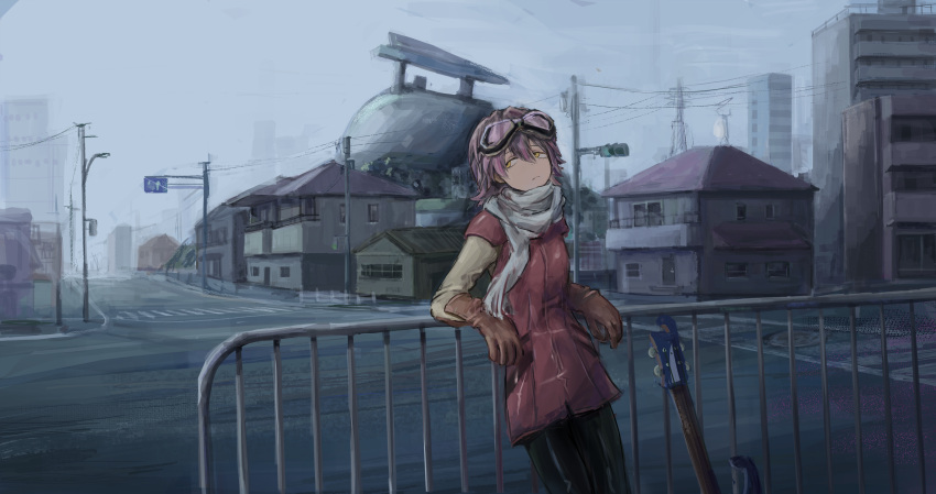 1girl absurdres black_pants brown_gloves building city closed_mouth commentary cowboy_shot day expressionless fence flcl fog gloves goggles goggles_on_head guitar hair_between_eyes haruhara_haruko highres house instrument katamimi123 lamppost layered_sleeves long_bangs long_sleeves looking_afar looking_to_the_side outdoors overcast pants pink_hair power_lines railing road road_sign scarf scenery short_hair short_over_long_sleeves short_sleeves sign sky solo white_scarf yellow_eyes