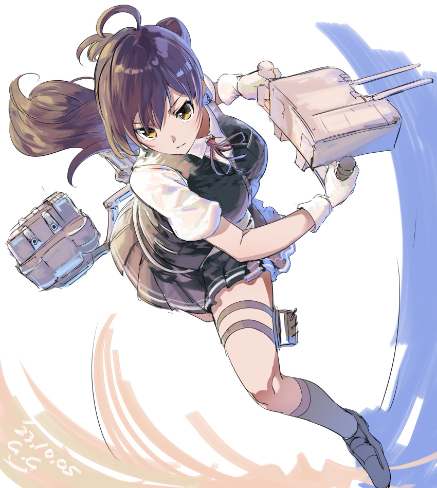 1girl absurdres adapted_turret ahoge anti-aircraft anti-aircraft_gun black_skirt black_vest blush breasts brown_eyes dated gegeron gloves hagikaze_(kancolle) highres kantai_collection kerchief long_hair machinery medium_breasts neck_ribbon one_side_up pleated_skirt purple_hair red_ribbon ribbon rigging school_uniform shirt short_sleeves signature skirt smile solo vest white_gloves