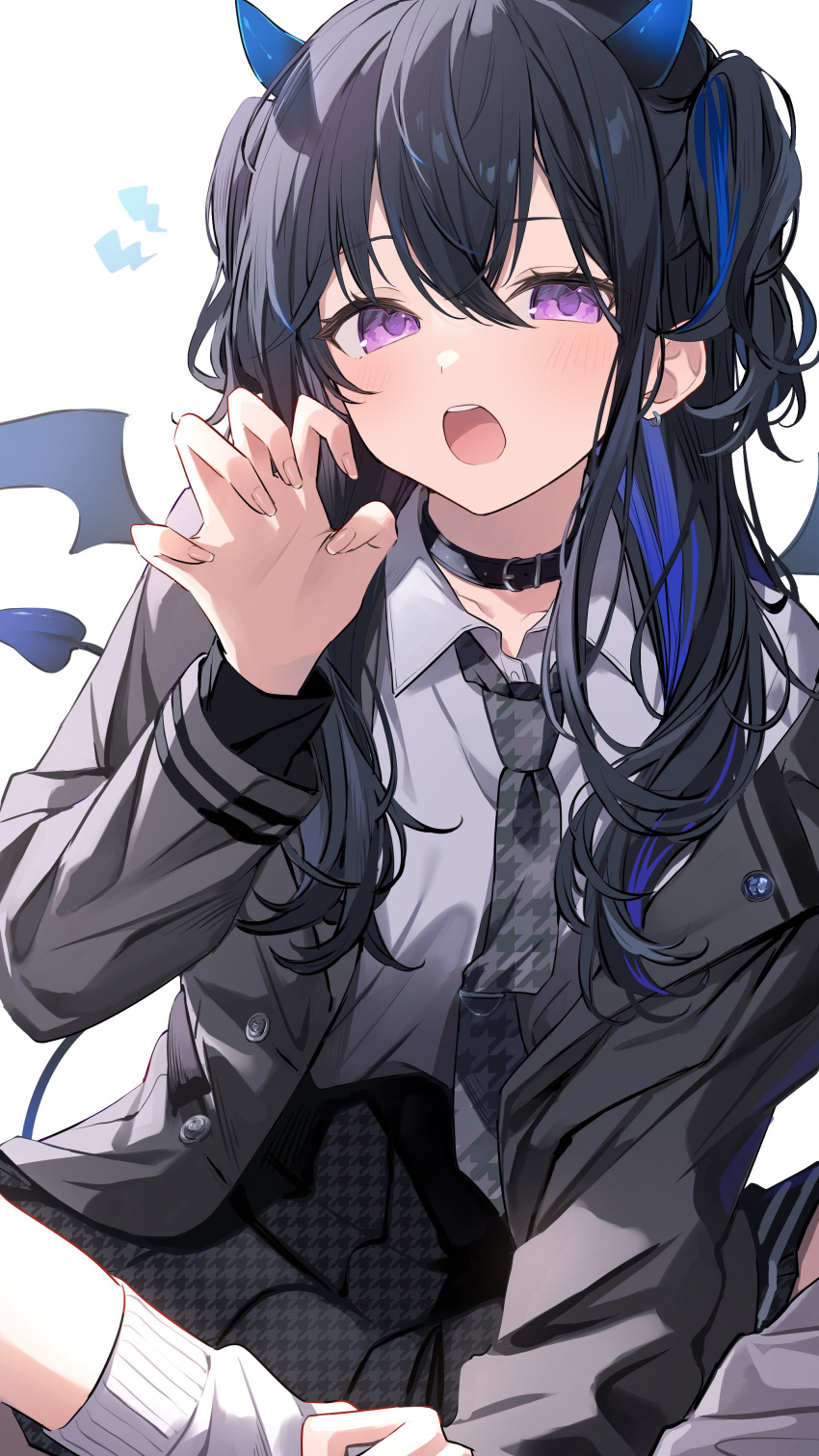 1girl absurdres black_collar black_hair black_horns black_jacket black_necktie black_skirt black_tail black_wings blue_hair blue_horns blue_tail blush butterfly_sitting claw_pose collar collared_shirt commentary demon_wings earrings fingernails gradient_horns gradient_tail gradient_wings grey_shirt hand_up highres horns ichinose_uruha jacket jewelry long_hair long_sleeves looking_at_viewer lupinus_virtual_games multicolored_hair multicolored_horns multicolored_wings necktie open_clothes open_jacket open_mouth shirt simple_background sitting skirt socks solo streaked_hair symbol-only_commentary teeth two-tone_hair two_side_up upper_teeth_only violet_eyes virtual_youtuber vspo! white_background white_socks wings yuzutouhu_ika