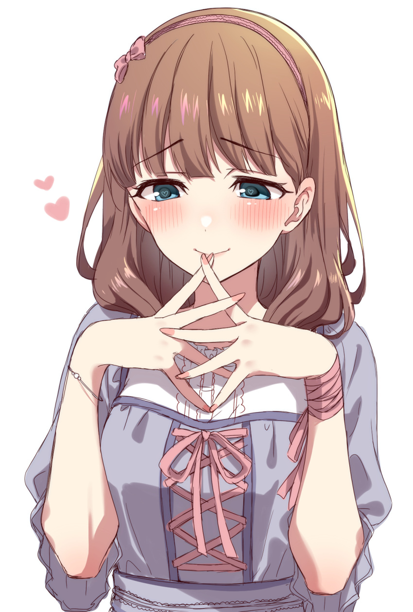 1girl aqua_eyes blue_dress blush breasts brown_hair center_frills commentary cross-laced_clothes dress frills heart highres idolmaster idolmaster_cinderella_girls looking_down medium_breasts nail_polish own_hands_together sakuma_mayu simple_background smile solo tottoto_tomekichi upper_body white_background