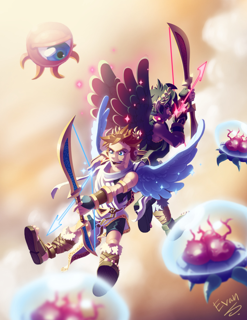 2boys above_clouds absurdres angel angel_and_devil arm_up armlet arrow_(projectile) artist_name back-to-back bare_shoulders bike_shorts black_gloves black_hair black_wings blue_eyes blurry blurry_background bow_(weapon) brown_footwear brown_hair clouds commentary dark_pit day drawing_bow english_commentary evan_stanley feathered_wings fingerless_gloves fur-trimmed_footwear gem gloves gold green_footwear happy highres holding holding_bow_(weapon) holding_weapon kid_icarus komayto laurel_crown looking_back male_focus monoeye multiple_boys one-eyed open_mouth orange_background outdoors outstretched_arm pit_(kid_icarus) red_eyes red_gemstone sandals short_hair signature single_glove smile sparkle teeth toga v-shaped_eyebrows weapon white_wings wings
