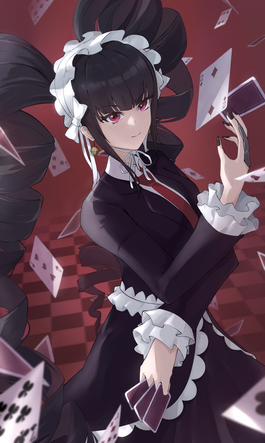 1girl absurdres akirahong_1130 black_dress card celestia_ludenberg checkered_floor collared_shirt danganronpa:_trigger_happy_havoc danganronpa_(series) dress drill_hair floating_card frilled_jacket frills gothic_lolita headdress highres holding holding_card jacket lace-trimmed_skirt lace_trim lolita_fashion long_sleeves necktie open_clothes open_jacket playing_card red_background red_eyes red_necktie shirt skirt smile solo twin_drills twintails white_shirt