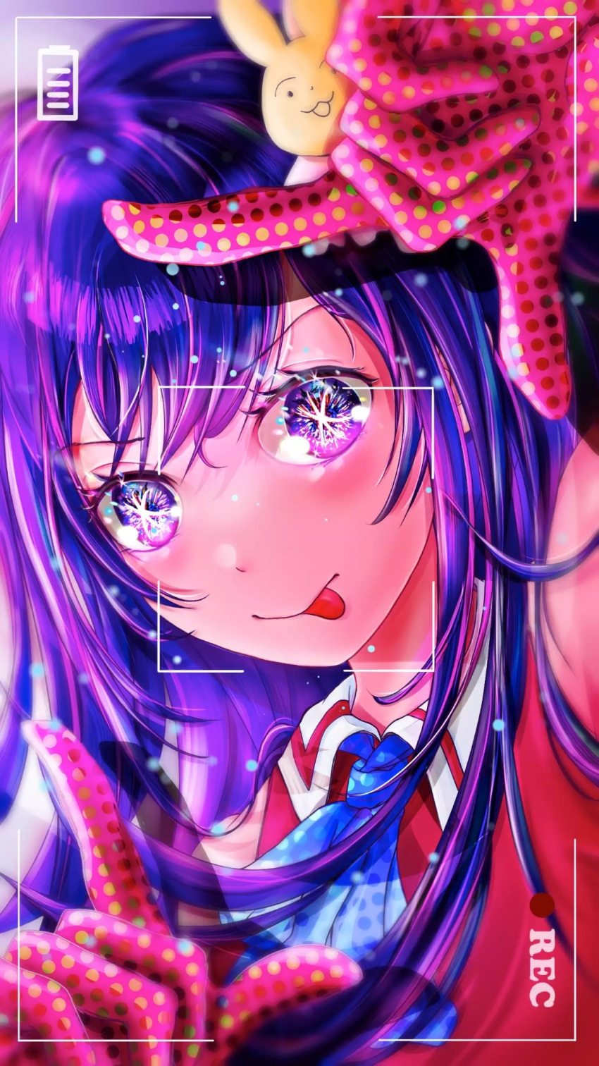 1girl :p artist_request ascot blue_ascot closed_mouth collar collared_shirt gloves hair_ornament highres hoshino_ai_(oshi_no_ko) idol light_blush long_hair non-web_source oshi_no_ko pink_gloves polka_dot_ascot polka_dot_gloves purple_hair rabbit_hair_ornament recording red_shirt shirt short_sleeves smile solo source_request star_(symbol) star_in_eye symbol_in_eye third-party_source tongue tongue_out upper_body viewfinder violet_eyes white_collar