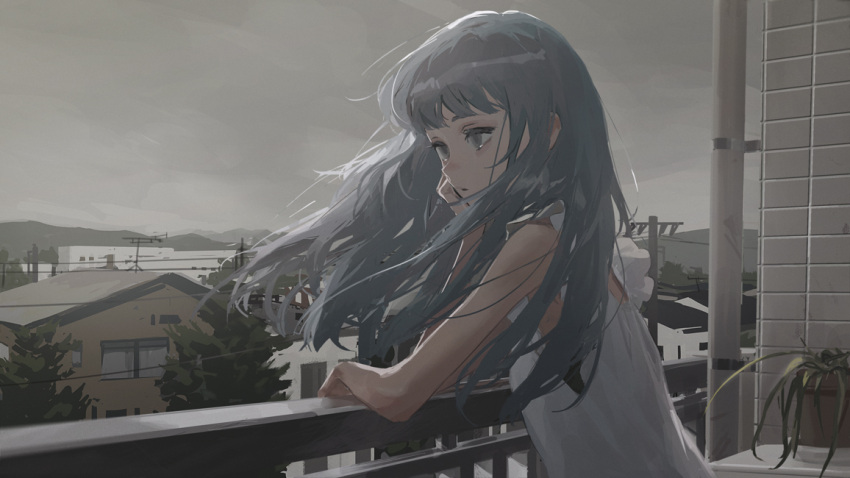 1girl balcony building clouds cloudy_sky dress grey_eyes grey_hair k1llg long_hair original outdoors parted_lips plant potted_plant power_lines railing sky sleeveless sleeveless_dress solo tree upper_body utility_pole white_dress