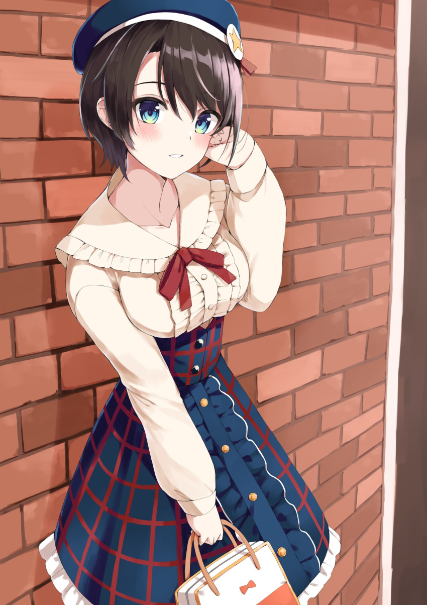 1girl absurdres against_wall bag black_hair blue_eyes blue_headwear blue_skirt blush breasts brick_wall center_frills collar collarbone commentary_request cowboy_shot day eyelashes frilled_collar frilled_skirt frills hair_between_eyes hand_up high-waist_skirt highres holding holding_bag hololive impossible_clothes long_sleeves looking_at_viewer medium_breasts oozora_subaru outdoors parted_lips plaid plaid_skirt red_ribbon ribbon shirt short_hair skirt smile solo standing virtual_youtuber white_collar white_shirt yanagi_marie
