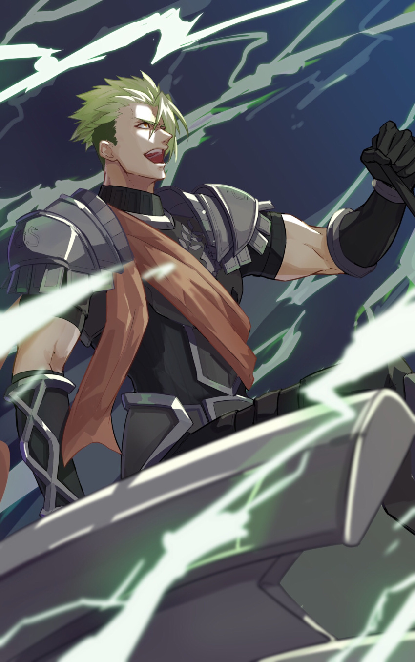 1boy achilles_(fate) armor black_shirt blue_background blurry blurry_foreground clenched_hand electricity fate/apocrypha fate_(series) from_below gauntlets green_hair haruakira highres male_focus mature_male metal_boots open_mouth orange_eyes orange_sash shirt short_hair short_sleeves solo teeth undercut upper_teeth_only