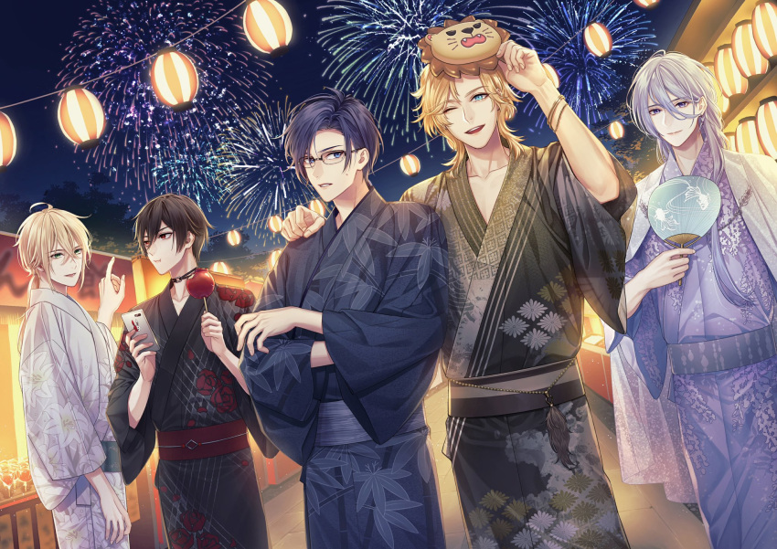 5boys :i ;d aerial_fireworks aqua_eyes arm_at_side ayn_(for_all_time) black_choker black_hair black_kimono black_sash blonde_hair blue_eyes blue_hair blue_kimono blue_sash bracelet candy_apple cape choker closed_mouth cowboy_shot crossed_arms dark_blue_hair earrings eating fireworks floral_print food food_stand for_all_time glasses green_eyes grey_hair hair_between_eyes hand_fan hand_on_another's_shoulder hand_on_mask highres holding holding_fan holding_food holding_phone ichi-be japanese_clothes jewelry kimono lantern leaf_print lily_print lion_mask long_hair long_sleeves looking_at_another looking_at_viewer low_ponytail luchen luo_xia male_focus mask mask_on_head medium_hair multiple_boys night one_eye_closed paper_fan paper_lantern parted_bangs parted_lips phone pointing print_kimono purple_kimono red_eyes red_sash rose_print sash short_hair si_lan smile standing summer_festival sweatdrop swept_bangs teeth uchiwa upper_teeth_only violet_eyes white_cape white_kimono wisteria_print yexuan yukata