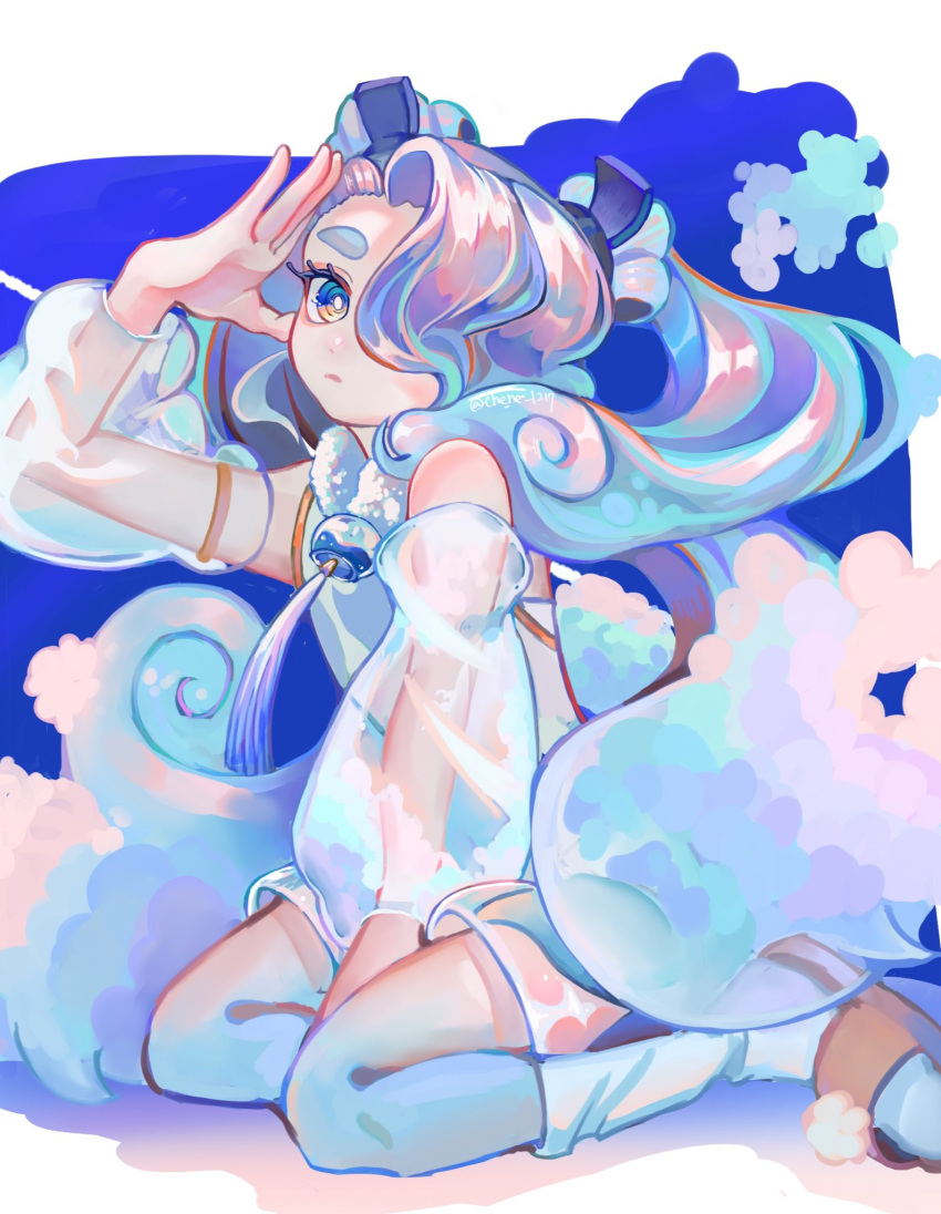 1girl chene_1217 clouds detached_sleeves double_bun eyelashes eyeshadow flying_miku_(project_voltage) hair_bun hair_over_one_eye hatsune_miku highres long_hair looking_at_viewer makeup multicolored_eyes multicolored_hair pokemon project_voltage see-through see-through_shorts see-through_sleeves sitting twintails vocaloid wind_chime
