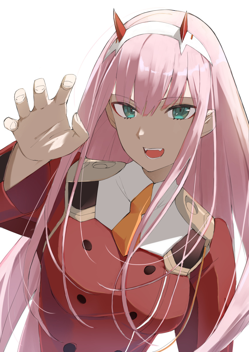 1girl :d absurdres backlighting breasts commentary darling_in_the_franxx eyelashes eyes_visible_through_hair fangs green_eyes hair_between_eyes hairband hand_up highres horns jacket long_hair long_sleeves looking_at_viewer medium_breasts oni_horns open_mouth paw_pose pink_hair red_horns red_jacket sidelocks simple_background smile solo straight_hair teeth tsurime upper_body very_long_hair white_background white_hairband yanagi_marie zero_two_(darling_in_the_franxx)