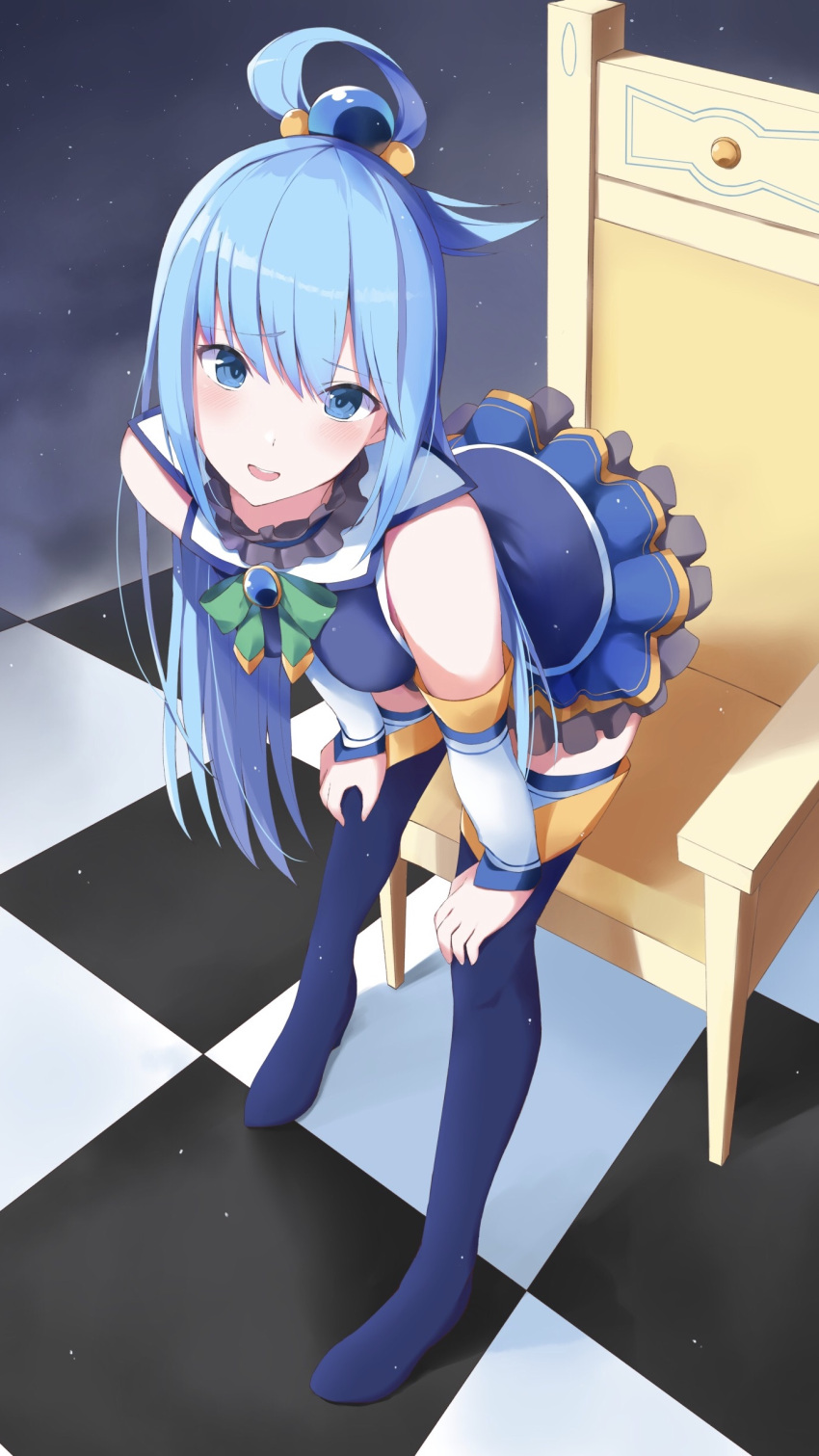 1girl absurdres aqua_(konosuba) bare_shoulders blue_eyes blue_footwear blue_hair blush boots bow chair checkered_floor commentary detached_sleeves eyelashes eyes_visible_through_hair frilled_skirt frills full_body furrowed_brow green_bow grey_background hair_between_eyes hair_bobbles hair_ornament hair_rings hands_on_own_thighs head_tilt highres kono_subarashii_sekai_ni_shukufuku_wo! leaning_forward long_hair long_sleeves looking_at_viewer miniskirt open_mouth pleated_skirt round_teeth sidelocks simple_background skirt smile solo standing straight_hair teeth thigh_boots upper_teeth_only upturned_eyes very_long_hair white_sleeves yanagi_marie zettai_ryouiki