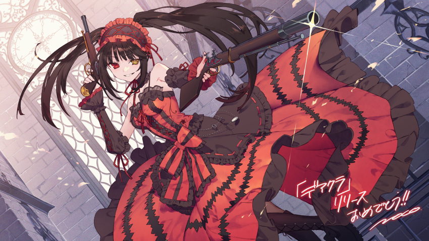 1girl absurdres artist_name black_footwear black_hair clock clock_eyes date_a_live dress dutch_angle gun heterochromia highres holding holding_weapon looking_at_another noco_(adamas) red_dress solo symbol-shaped_pupils tokisaki_kurumi twintails two-tone_dress weapon