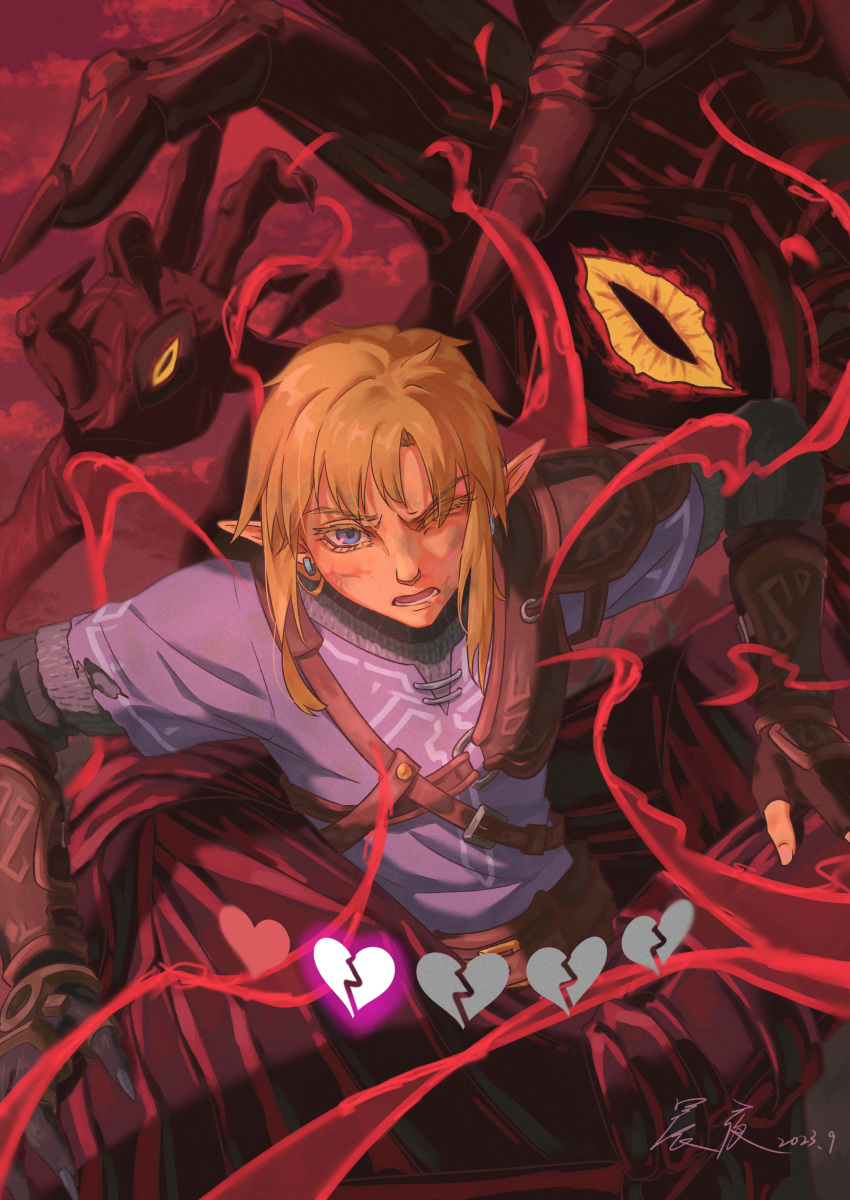 1boy absurdres blue_eyes brown_hair champion's_tunic_(zelda) earrings gauntlets gloom_hands hand_eye heads-up_display highres jewelry link one_eye_closed open_mouth pointy_ears shinnya the_legend_of_zelda the_legend_of_zelda:_tears_of_the_kingdom