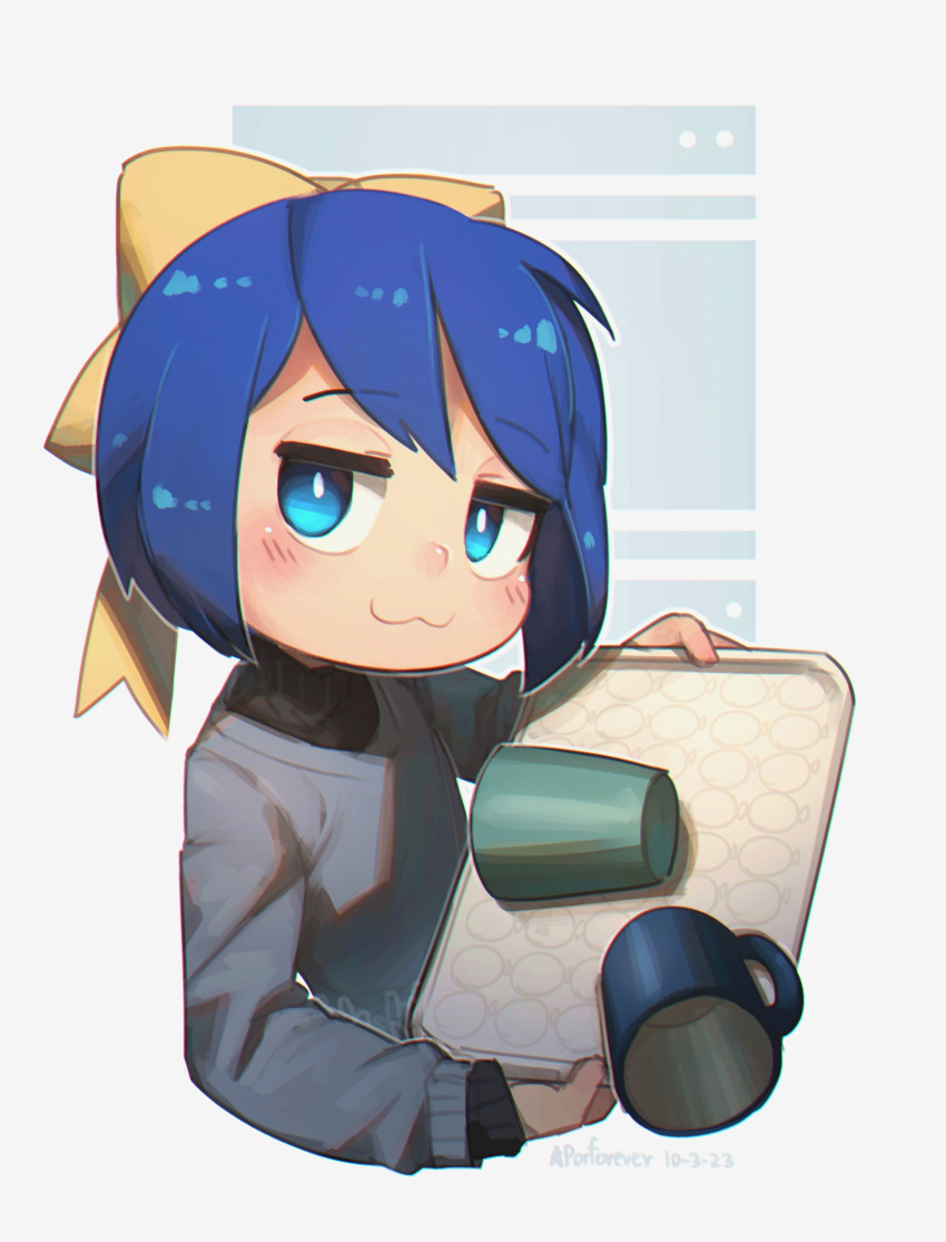 1girl blue_eyes blue_hair blush bow cup dated falling hair_bow highres holding holding_tray jitome kibo-chan looking_at_viewer original porforever ribbon signature solo sweater tray turtleneck turtleneck_sweater yellow_bow yellow_ribbon