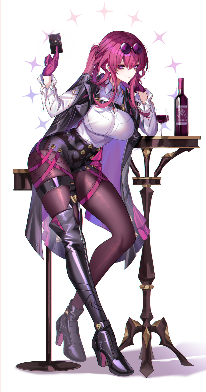 1girl absurdres alcohol ankle_boots asymmetrical_footwear black_jacket boots bottle breasts card closed_mouth collared_shirt cup drinking_glass eternity_(shadeh) eyewear_on_head full_body gloves highres holding holding_card honkai:_star_rail honkai_(series) jacket kafka_(honkai:_star_rail) large_breasts leggings long_sleeves looking_at_viewer mismatched_footwear pince-nez purple_gloves purple_hair purple_leggings shirt single_thighhigh smile thigh-highs thigh_boots thighs violet_eyes white_background white_shirt wine wine_bottle wine_glass