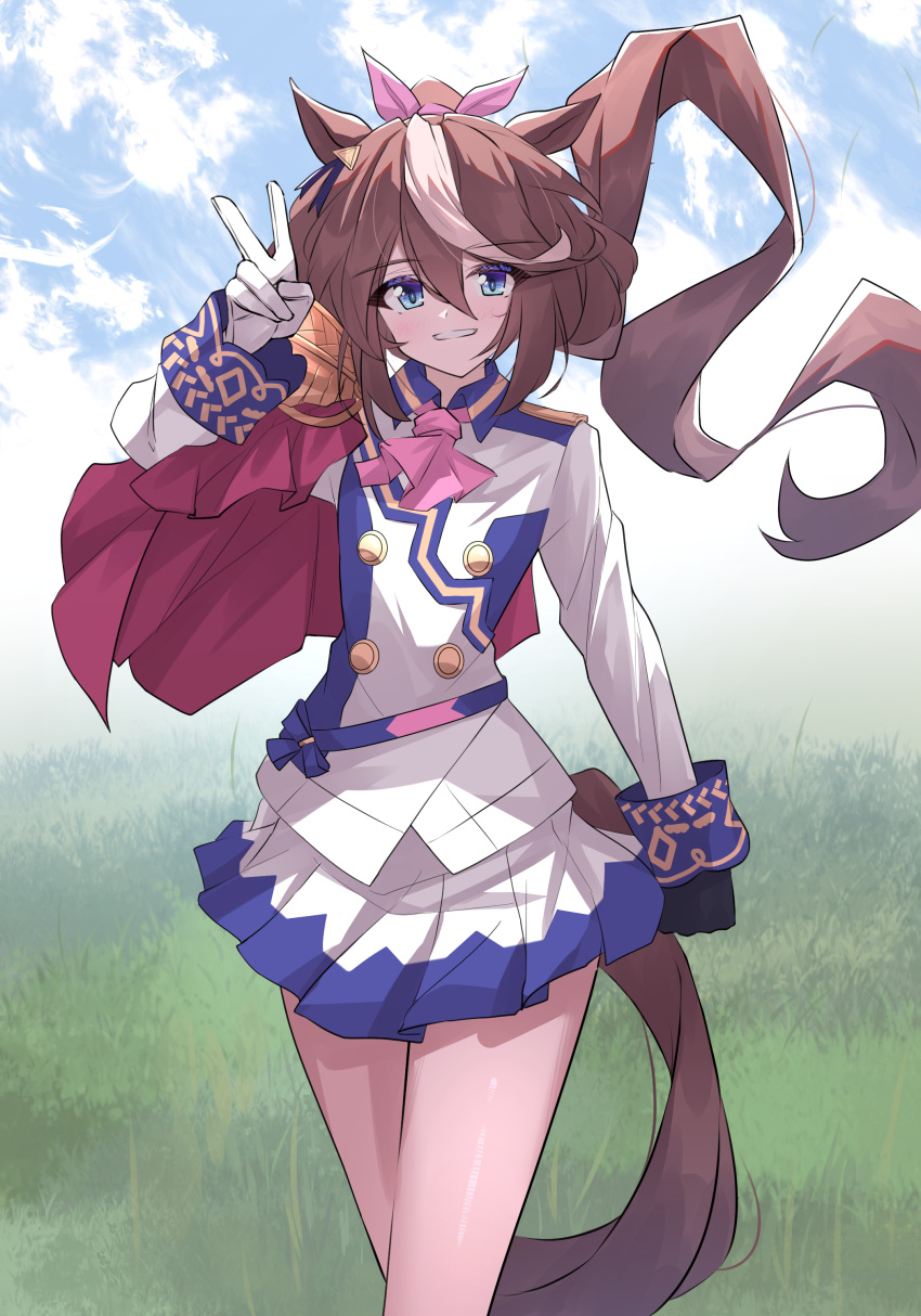 1girl absurdres animal_ears ascot asymmetrical_gloves black_gloves blue_eyes blue_jacket blue_skirt boots bow brown_hair buttons capelet clenched_hand double-breasted ear_piercing epaulettes feet_out_of_frame gloves hair_bow hair_flaps high_ponytail highres horse_ears horse_girl horse_tail jacket knee_boots long_hair long_sleeves looking_at_viewer miniskirt mismatched_gloves multicolored_clothes multicolored_hair multicolored_jacket piercing pink_ascot pink_bow pleated_skirt red_capelet single_epaulette skirt smile solo streaked_hair tail tokai_teio_(umamusume) two-tone_hair two-tone_jacket two-tone_skirt umamusume v white_gloves white_hair white_jacket white_skirt yorozuya_(yoroz_ryobi)