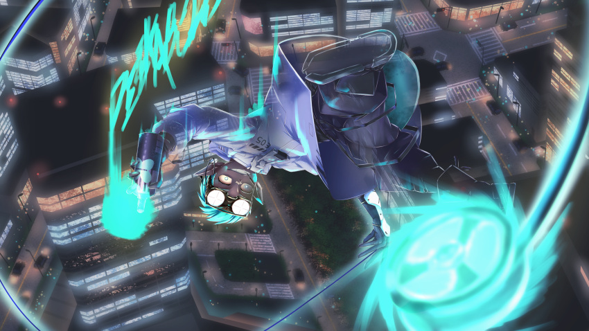 1boy aqua_hair arknights bandaid bandaid_on_face bandaid_on_nose black_gloves black_pants chameleon_tail city coat crudefish dark-skinned_male dark_skin ethan_(arknights) falling from_above gloves goggles goggles_on_head graffiti highres invisible_man male_focus mismatched_pupils oversized_zipper pants pointy_ears rubber_gloves short_hair solo spray_paint tail very_dark_skin white_coat yo-yo