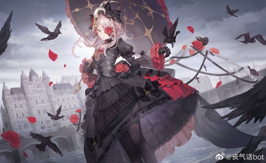 1girl bird black_bird black_bow black_corset black_dress black_gloves black_ribbon black_thighhighs black_umbrella bow braid breasts building cage closed_mouth clouds cloudy_sky corset cross crow dress earrings elizabeth_(masterwork_apocalypse) falling_petals feet_out_of_frame flower flower_over_eye frilled_sleeves frilled_umbrella frills gloves hair_flower hair_ornament highres holding holding_umbrella jewelry long_sleeves looking_at_viewer masterwork_apocalypse official_art one_eye_covered petals pink_hair puffy_long_sleeves puffy_sleeves red_dress red_eyes red_flower red_rose ribbon rose sang_qi_huabot short_hair_with_long_locks sidelocks single_earring sky small_breasts solo striped striped_thighhighs symbol_in_eye thigh-highs two-tone_dress umbrella vertical-striped_thighhighs vertical_stripes water weibo_logo weibo_username wide_sleeves