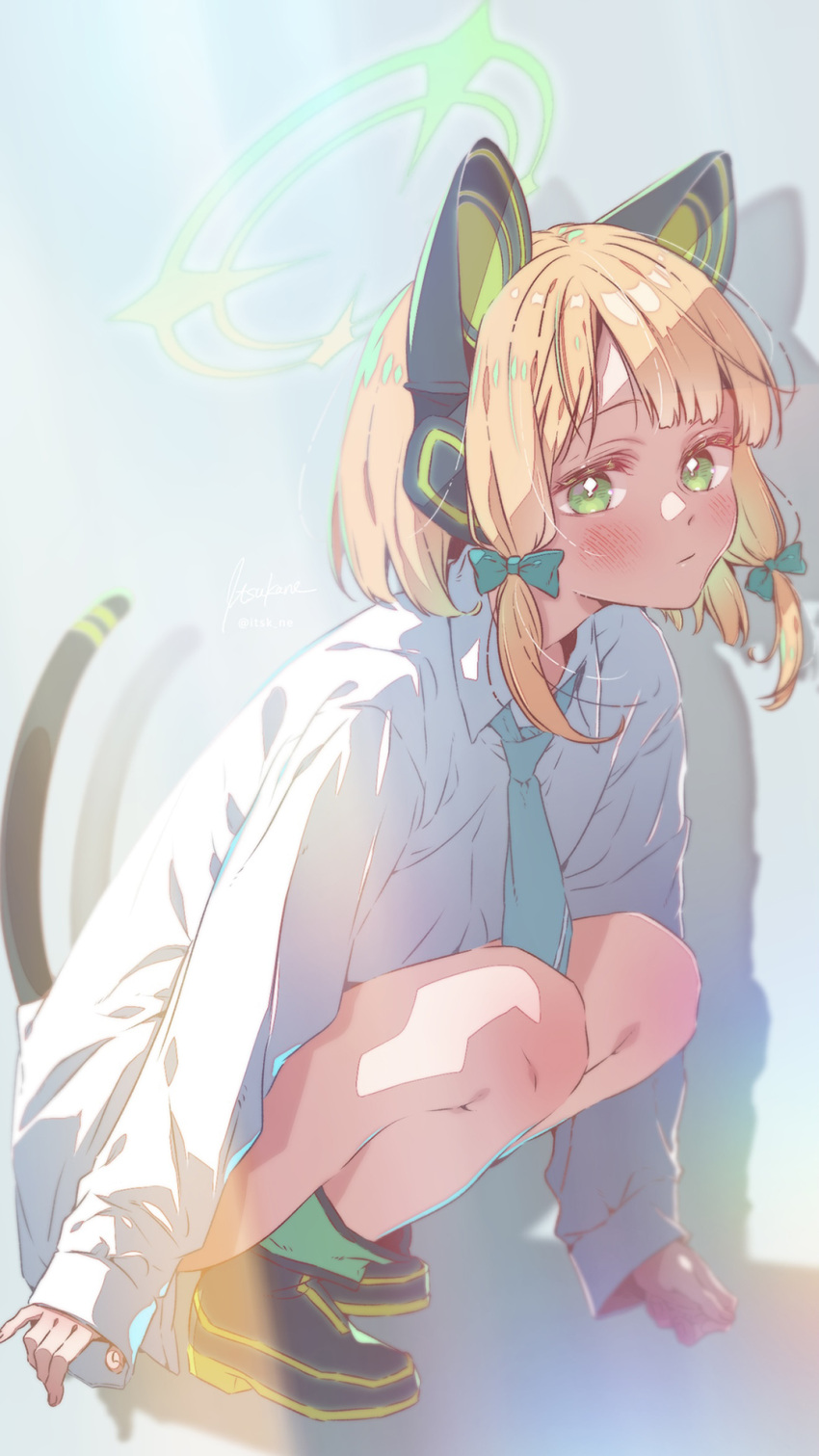 1girl animal_ear_headphones animal_ears blonde_hair blue_archive blush bow cat_ears cat_tail fake_animal_ears fake_tail green_eyes green_necktie hair_bow halo headphones highres itsk_ne long_sleeves looking_at_viewer midori_(blue_archive) necktie shadow shirt shoes short_hair sidelocks sneakers solo squatting tail white_shirt