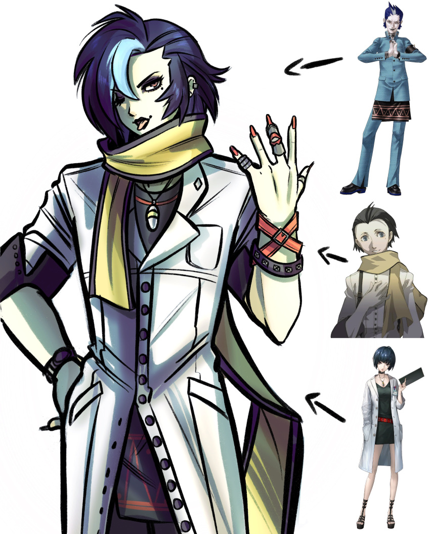 1boy absurdres arrow_(symbol) blue_hair chimerism ear_piercing english_commentary fusion gimmie20dollas highres jewelry lab_coat mishina_eikichi mochizuki_ryouji mole mole_above_mouth mole_under_eye necklace official_art_inset one_eye_closed persona persona_2 persona_3 persona_5 piercing red_eyes ring scarf takemi_tae tongue tongue_out watch watch wristband yellow_scarf