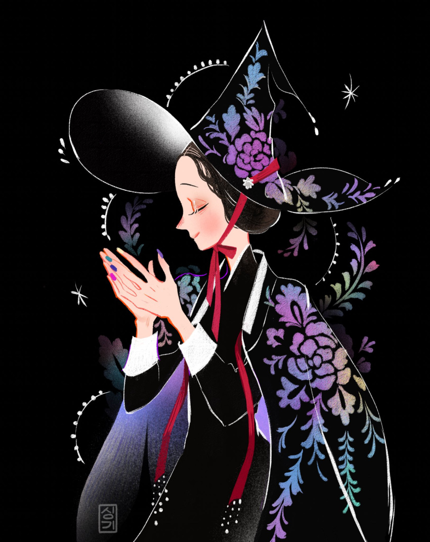 1girl aqua_nails black_background black_dress black_hair black_headwear blue_nails blush closed_eyes dress hands_up hat highres long_sleeves original pink_nails print_headwear profile purple_nails sgsg612 smile solo upper_body witch witch_hat yellow_nails