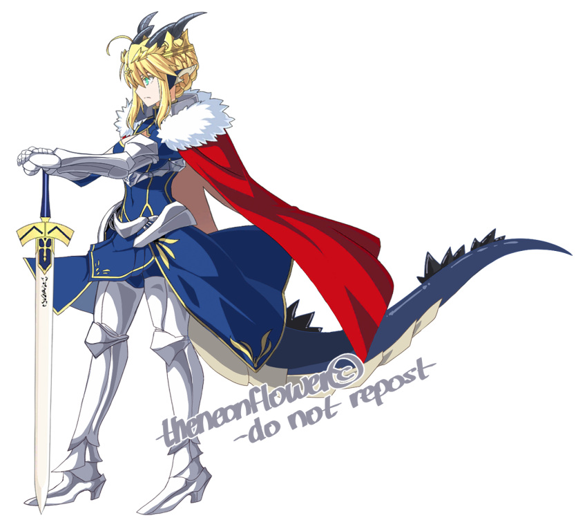 1girl animal_ears armor armored_boots armored_dress artoria_pendragon_(fate) blonde_hair blue_dress blue_skin boots braid cape capelet cleavage_cutout clothing_cutout colored_skin crown dragon dragon_ears dragon_girl dragon_horns dragon_tail dress excalibur_(fate/stay_night) fate/grand_order fate_(series) french_braid fur_trim gold_trim green_eyes high_heel_boots high_heels highres horns monster_girl planted planted_sword pointy_ears red_cape red_capelet saber short_dress solo sprite sword tail theneonflower thigh_boots weapon