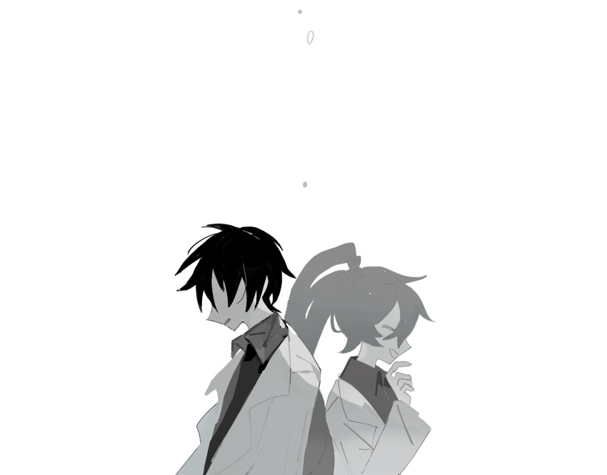 1boy 1girl ayin_(project_moon) back-to-back black_hair carmen_(project_moon) closed_eyes coat coattails collared_shirt from_side frown grey_shirt greyscale hand_on_own_chin highres lab_coat lobotomy_corporation long_hair long_sleeves monochrome open_clothes open_coat open_mouth parted_lips ponytail project_moon shirt short_hair smile upper_body white_background white_coat wide_sleeves youshiyu