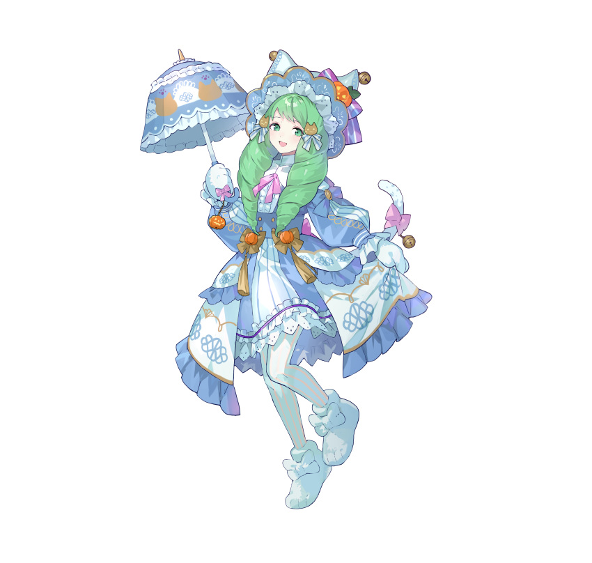 1girl absurdres alternate_costume animal_hands bell blush candy cat_paws cat_tail detached_sleeves dress drill_hair fake_tail fire_emblem fire_emblem_heroes flayn_(fire_emblem) flayn_(halloween)_(fire_emblem) food frills full_body gloves green_eyes green_hair hair_ornament halloween halloween_costume hat highres holding holding_umbrella jack-o'-lantern jingle_bell long_hair long_sleeves official_alternate_costume official_art open_mouth pantyhose paw_gloves paw_print paw_shoes pumpkin ribbon short_dress skirt solo striped sweat sweatdrop tail tobi_(kotetsu) torn_clothes torn_pantyhose torn_skirt transparent_background umbrella vertical_stripes