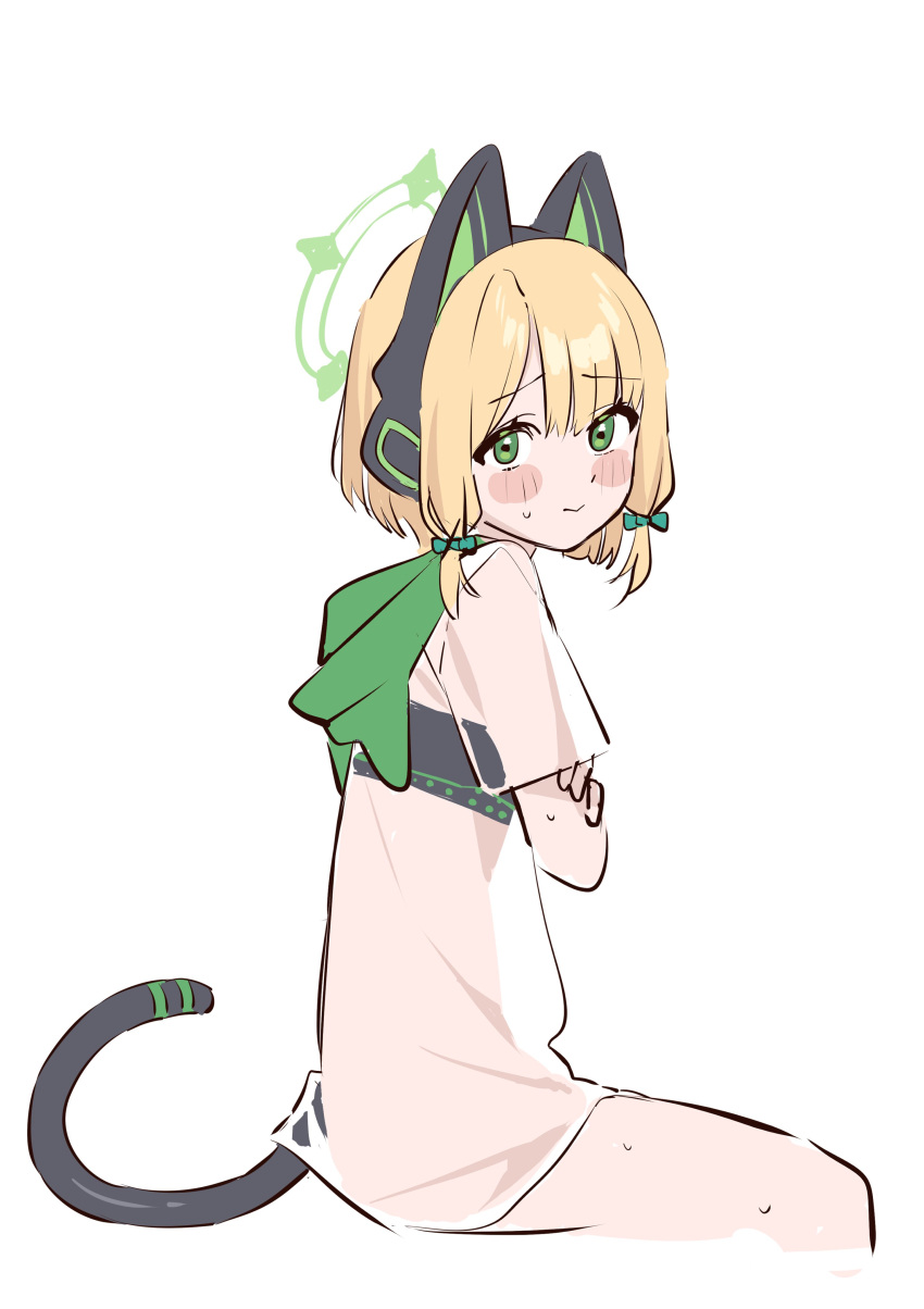 1girl absurdres animal_ear_headphones animal_ears blanchat blonde_hair blue_archive blush_stickers bow cat_ear_headphones closed_mouth fake_animal_ears fake_tail green_bow green_eyes green_halo hair_bow halo headphones highres looking_at_viewer midori_(blue_archive) shirt short_hair short_sleeves simple_background sitting solo sweat t-shirt tail white_background white_shirt