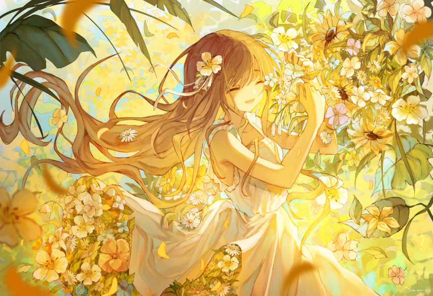 1girl bare_shoulders brown_hair closed_eyes dress flower flower_on_head highres holding holding_flower long_hair open_mouth original plant scenery signature smile solo sumi_0525 sundress white_dress
