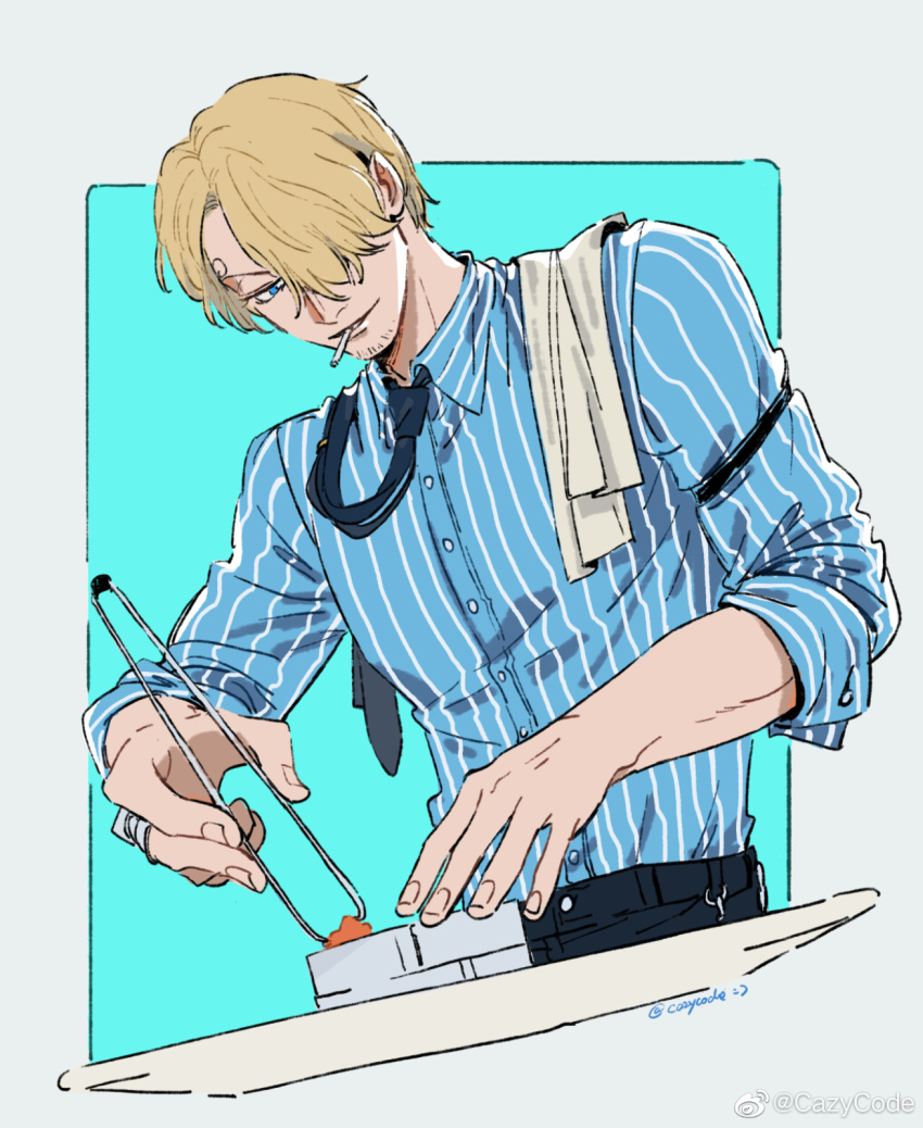 1boy blonde_hair cigarette concentrating cooking curly_eyebrows goatee_stubble hair_over_one_eye highres male_focus mcbuckwheat mustache_stubble one_piece pants sanji_(one_piece) shirt short_hair sleeves_rolled_up solo striped striped_shirt two-tone_background