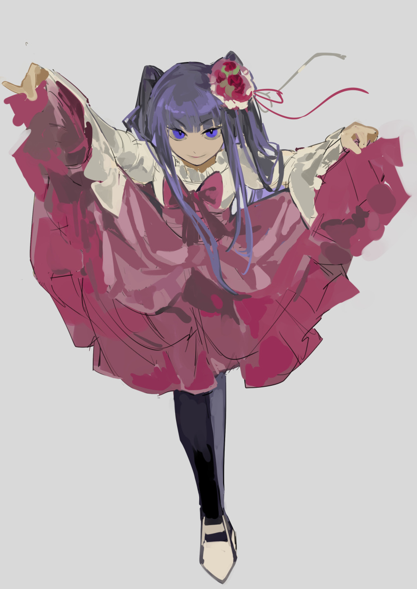 1girl absurdres arm_up black_pantyhose blunt_bangs bow bowtie breasts dress flower frilled_shirt frills furudo_erika grey_background hair_flower hair_ornament hair_ribbon hand_up highres large_breasts leaning_forward long_hair lostack3 pantyhose purple_hair red_bow red_bowtie red_dress red_flower red_ribbon red_rose ribbon rose shirt shoes simple_background smile solo twintails umineko_no_naku_koro_ni violet_eyes white_shirt