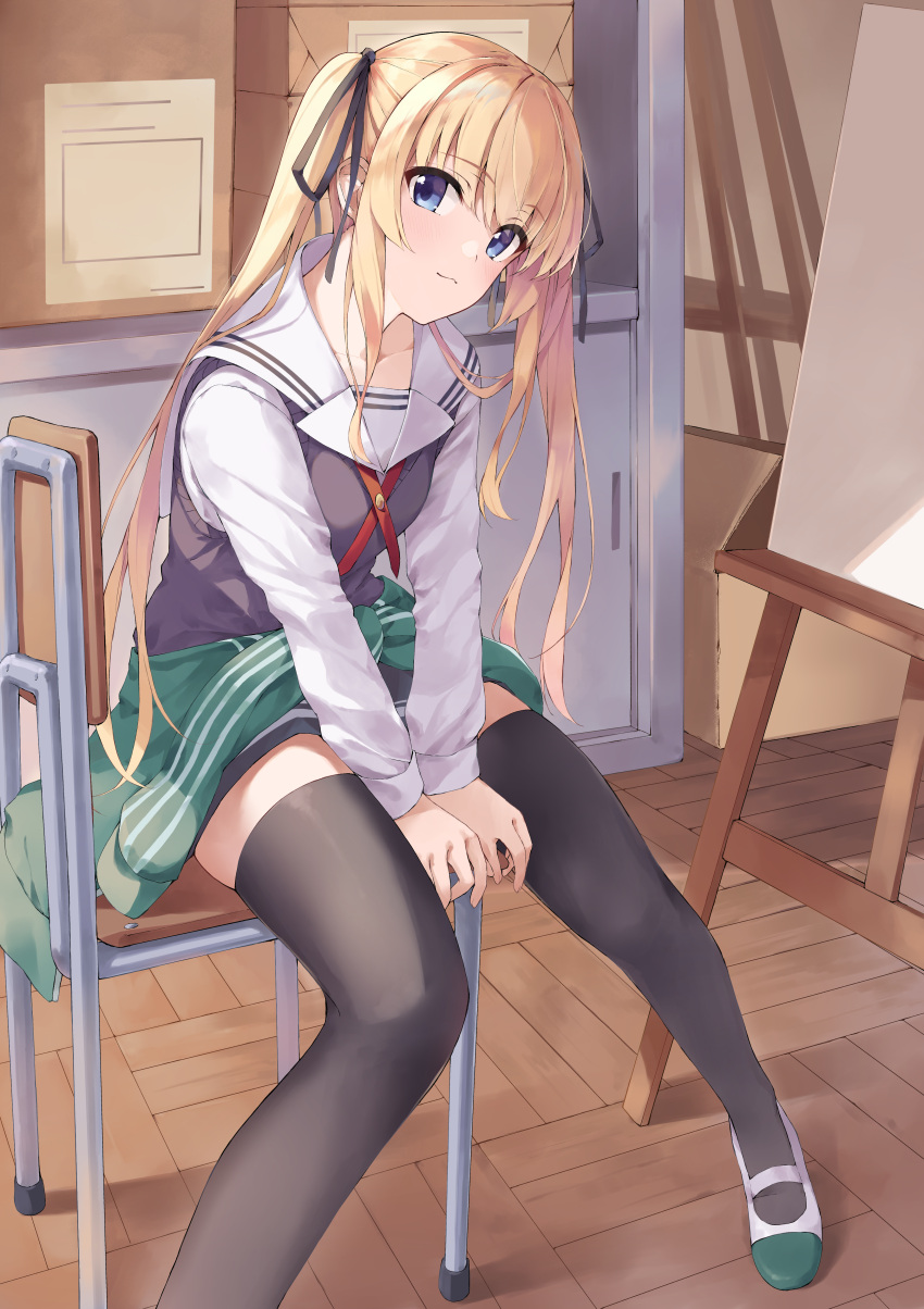 1girl :3 absurdres between_legs black_ribbon black_sweater_vest black_thighhighs blonde_hair blue_eyes blunt_bangs blush classroom closed_mouth clothes_around_waist commentary eyelashes eyes_visible_through_hair foot_out_of_frame hair_ribbon hand_between_legs head_tilt highres indoors leaning_forward long_hair long_sleeves looking_at_viewer mary_janes miniskirt neck_ribbon on_chair red_ribbon ribbon saenai_heroine_no_sodatekata sailor_collar sawamura_spencer_eriri school_uniform serafuku shirt shoes sitting skirt smile solo sweater_vest thigh-highs twintails v_arms very_long_hair white_footwear white_sailor_collar white_shirt yanagi_marie zettai_ryouiki