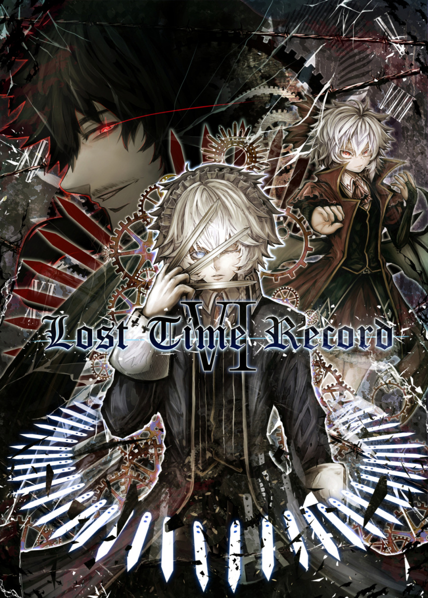 1boy 2girls ascot between_fingers black_coat black_hair black_vest black_wings blue_eyes brown_coat character_request closed_mouth coat collared_shirt commentary_request cowboy_shot demon_wings denpa_rasaito eye_trail facial_hair gears hair_between_eyes highres holding holding_knife izayoi_sakuya knife light_trail long_bangs long_sleeves looking_at_viewer maid_headdress multiple_girls mustache one_eye_closed parted_lips red_ascot red_eyes remilia_scarlet roman_numeral shirt short_hair smile touhou vest white_hair white_shirt wings